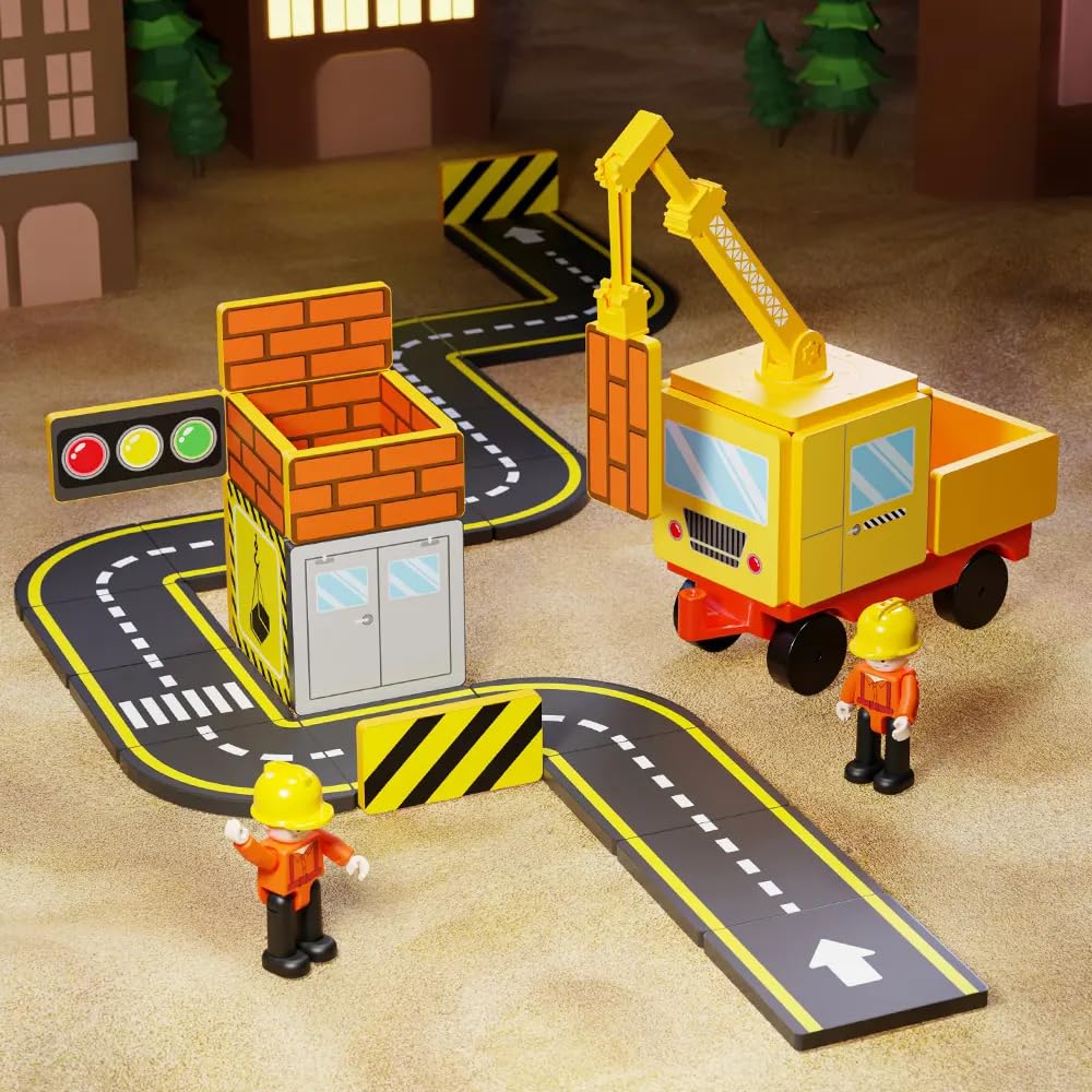 Car Road Track Magnetic Tiles & City Construction Builder Set With Crane And Figures - Stem Building Blocks Toy For Toddler Pres