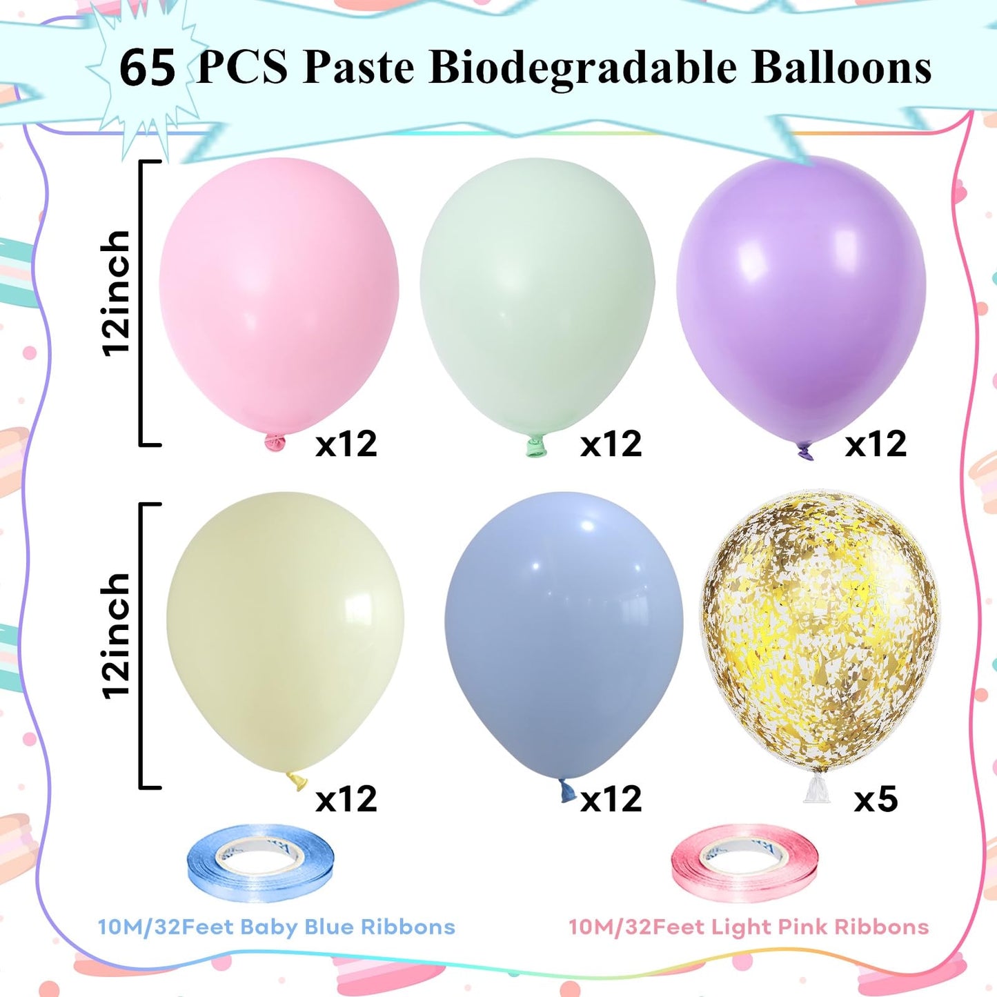 Pastel Balloons, 65 Pcs Pastel Color Balloons, Macaron Balloons Mit Glitter Gold Confetti Balloons For Easter Balloon Arch, Colo