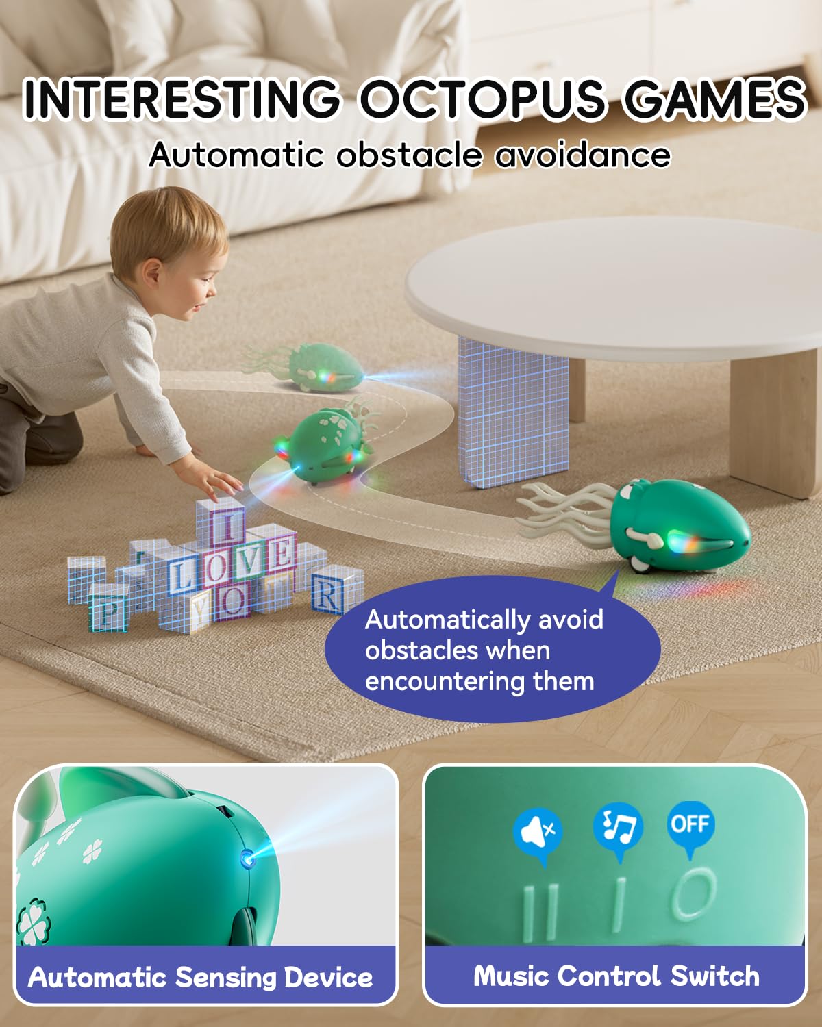Electric Crawling Dancing Octopus Toy - LED Lights & Music, USB-C Rechargeable Tummy Time Toy for 36 Months-6 Years Toddlers, Bo