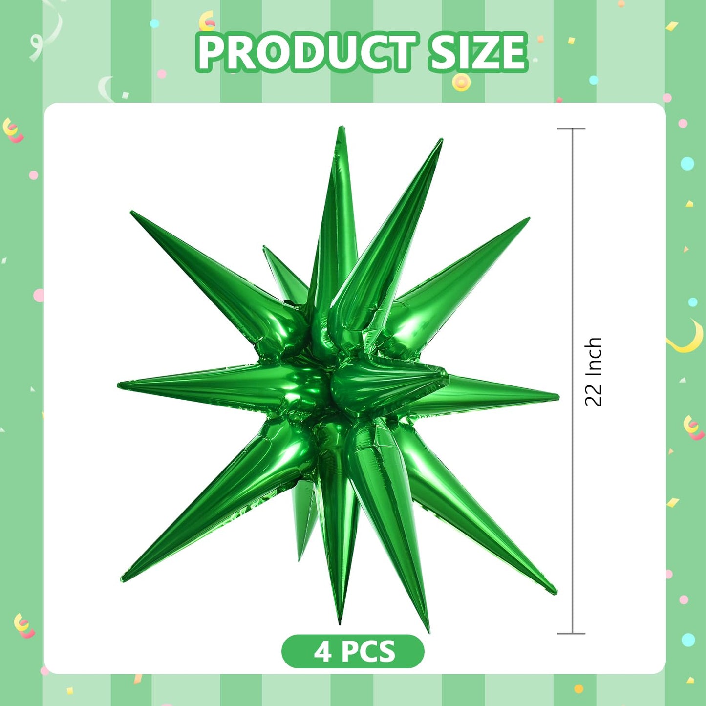 Toniful 4 Pcs 22Inch 4D Green Explosion Star Mylar Balloons 14Point Star Balloons For Party Decorations Backdrop Christmas,New Y