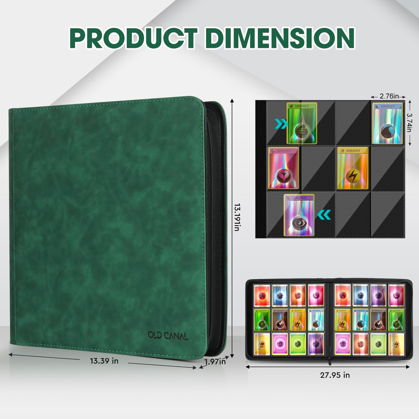 Old Canal Trading Card Binder  12 Pocket Card Album Folder Hold Up to 720 Cards  enhanced and Durable Zipper Binder  Cards Holder Album for MTG  TCG  Baseball Cards  Football Cards (Dark Green)