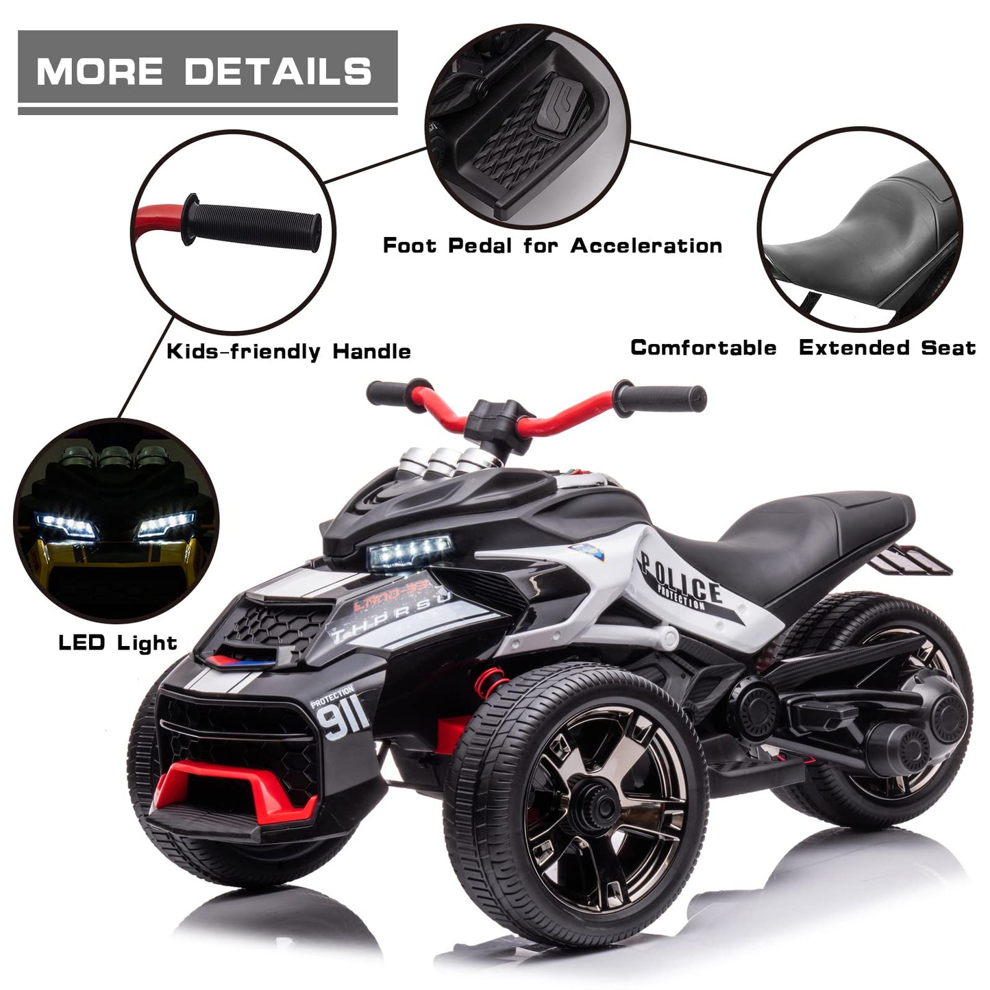 Postack 24V Kids Ride On Police Motorcycle, 3 Wheeler Ride On Atv For Boys Girls, Battery Powered Electric Vehicle For Toddlers