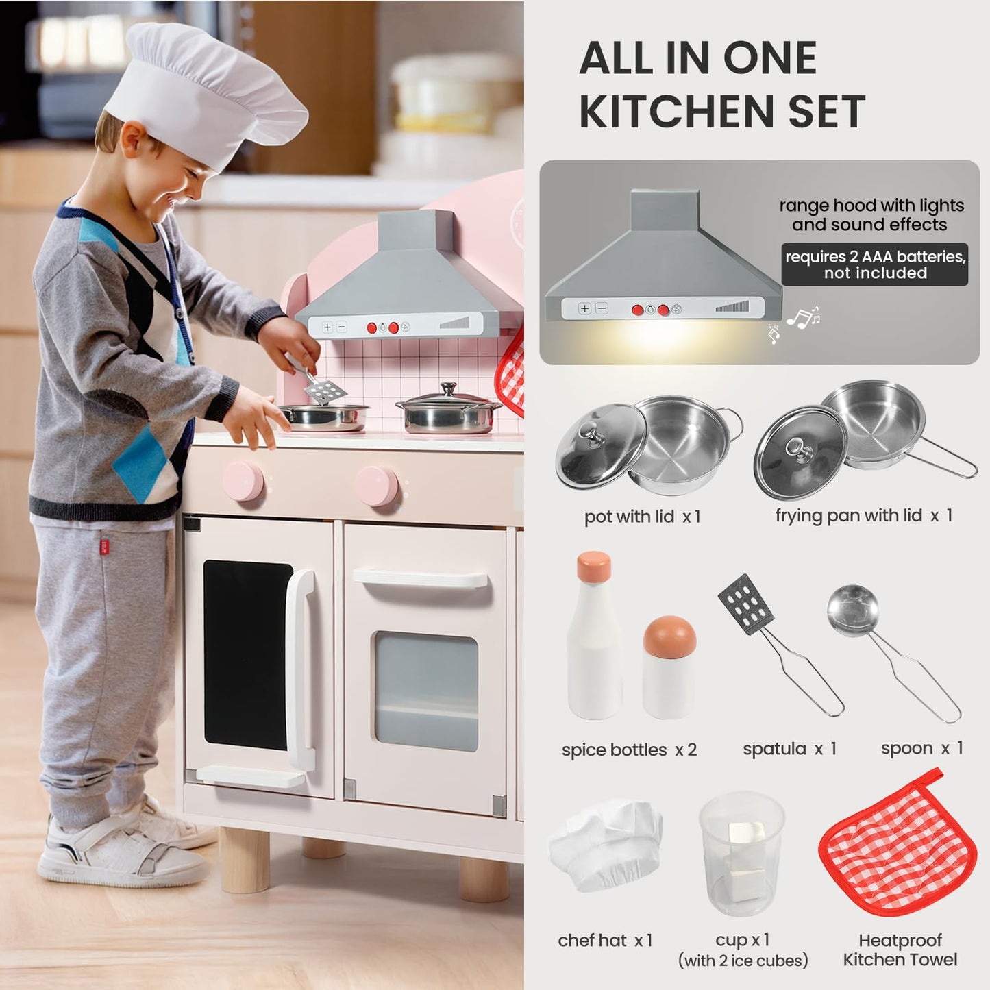 Bluewood Wooden Kids Kitchen Playset For Toddlers Ages 3-8, With Induction Hob, Oven, Ice Maker, Hood, And Tap - Chtelet Creamy