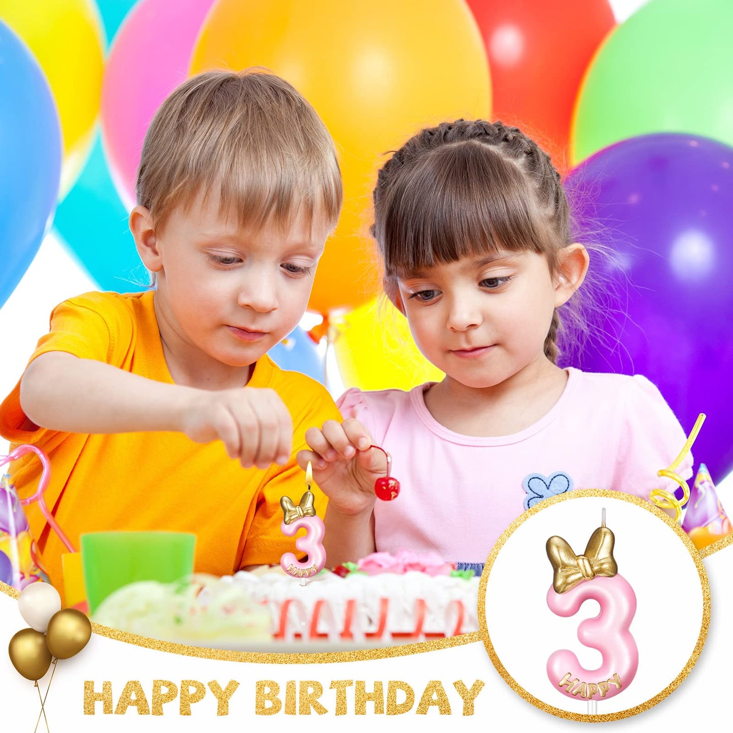 BBTO Number 3 Birthday Candle Pink Birthday Candle Girl with 10 Pieces Pink Candles Long Thin Cupcake Candles in Holders for Cak