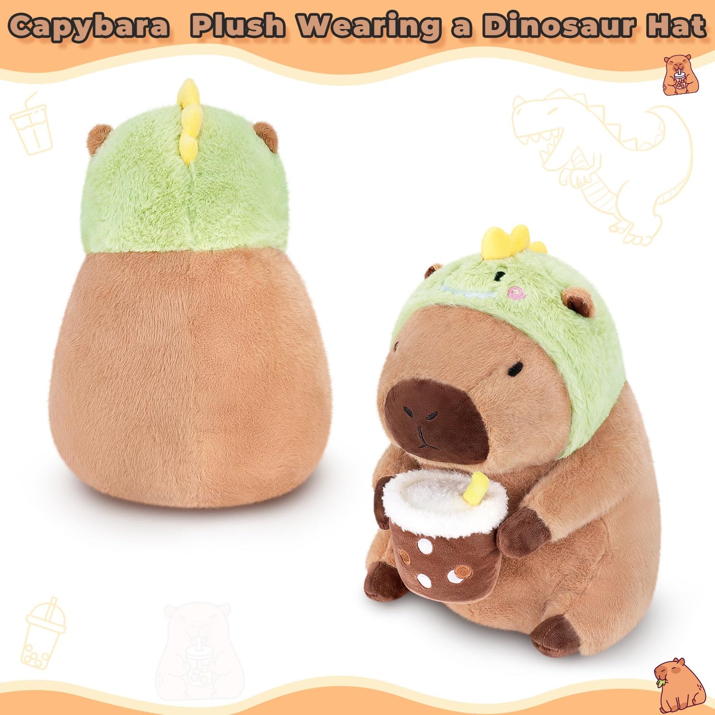 Achwishap Capybara Plush Toy, 12” Brown Stuffed Animal with Dinosaur Hat, Cute Kawaii Gift for Kids and Adults