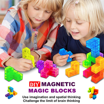 OUXIA Magnetic Building Blocks Set of 7, Rainbow 3D Puzzle Cubes, Plastic with 54 Guide Cards, Model 886-
