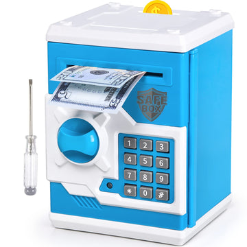 Atm Piggy Bank For Boys Girls, Vcertcpl Mini Atm Coin Bank Money Saving Box With Password, Kids Safe Money Jar For Adults With Auto Grab Bill Slot, Great Gift Toy Bank For Kids(Blue White)