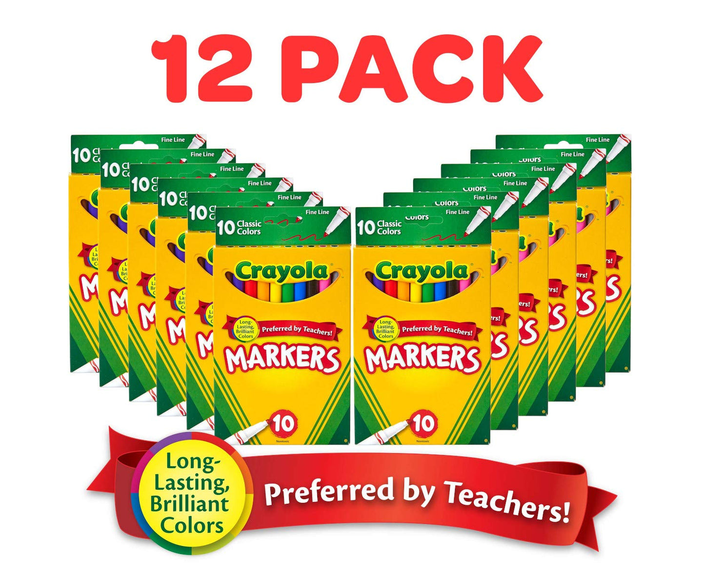 Crayola Fine Line Markers Bulk, School Supplies for Kids, 12 Marker Packs with 10 Colors, Multi