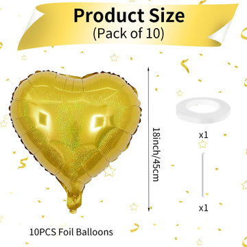 Biapian Gold Heart Balloons, 10Pcs Glitter Gold Heart Shape Balloons Foil, 18Inch Valentines Love Balloons Helium For Valentines