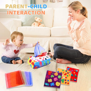 Yogingo Baby Toys 6 To 12 Months - Tissue Box Toy Montessori For Babies 6-12 Months, Soft Stuffed High Contrast Crinkle Infant Sensory Toys, Boys&Girls Kids Early Learning Gifts