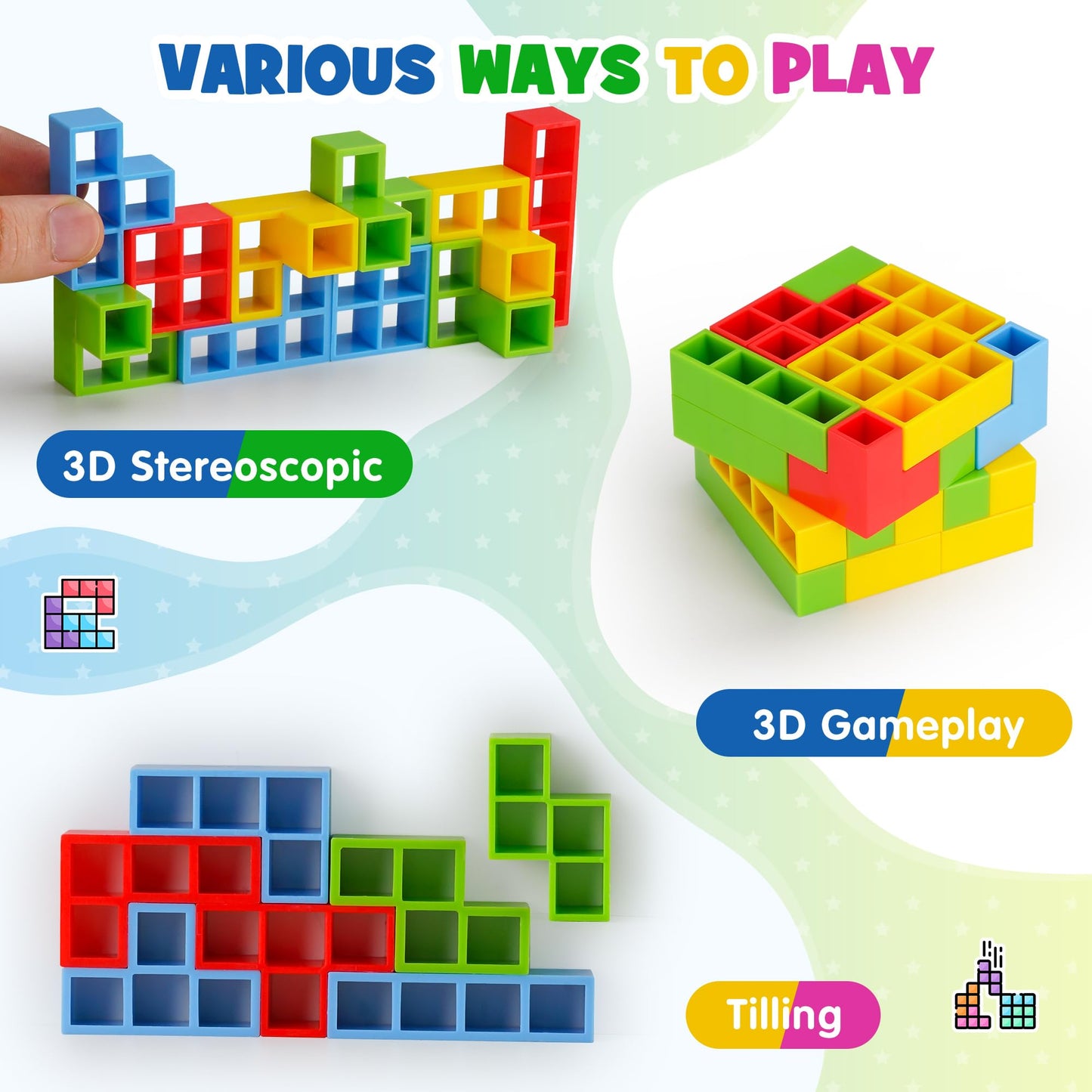 WOWNOVA Deluxe Tetra Tower Game - 64PCS Stacking Blocks for Family Fun, Includes Prize Wheel & Storage Box, Ideal for Kids & Adults