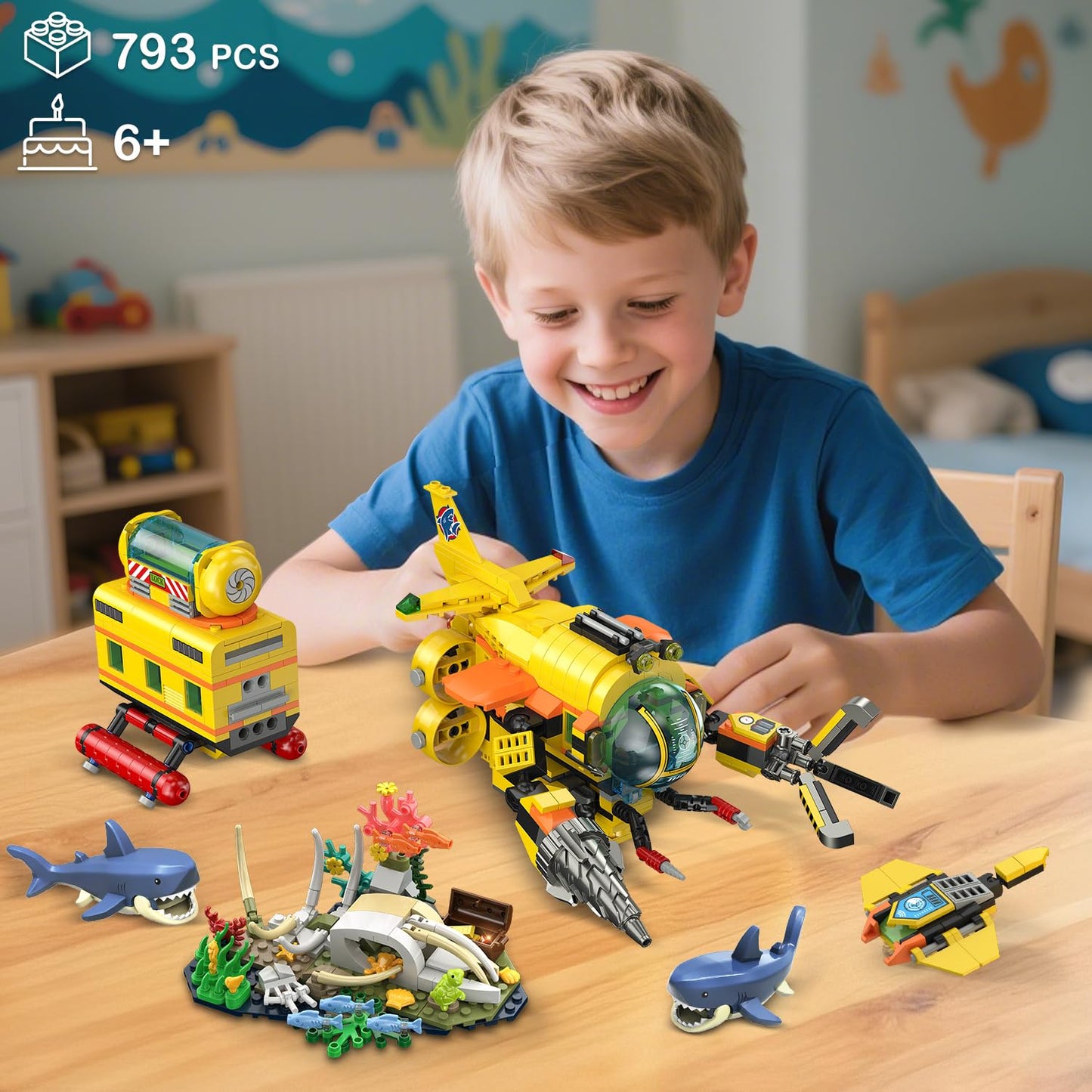 HOGOKIDS 3 Styles City Submarine Building Set with LED Light  Ocean Exploration Yellow Boat Sub Toy with 2 Sharks  Whale Skeleton and Ray Drone  Christmas Birthday Gift for Kids Boys Girls 8-14+