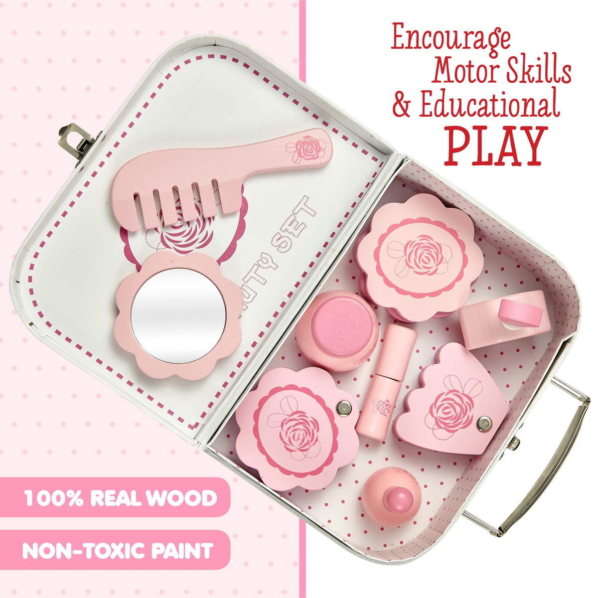 Dragon Drew Wooden Toy Beauty Set - 10 Piece Kit - Girls Salon Set with Makeup, Brush, Mirror and Cosmetics Case - 100% Natural