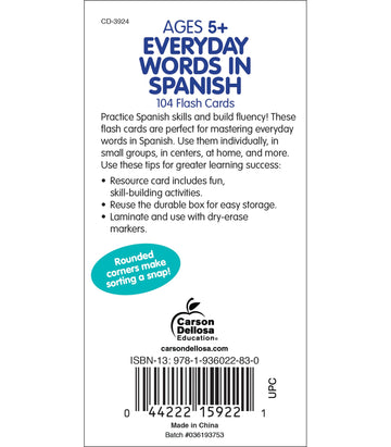 Carson Dellosa 104 Spanish Flash Cards For Kids, Spanish Vocabulary Flash Cards For Beginners, Picture Flash Cards For Toddlers, Learning Spanish Game For Beginners