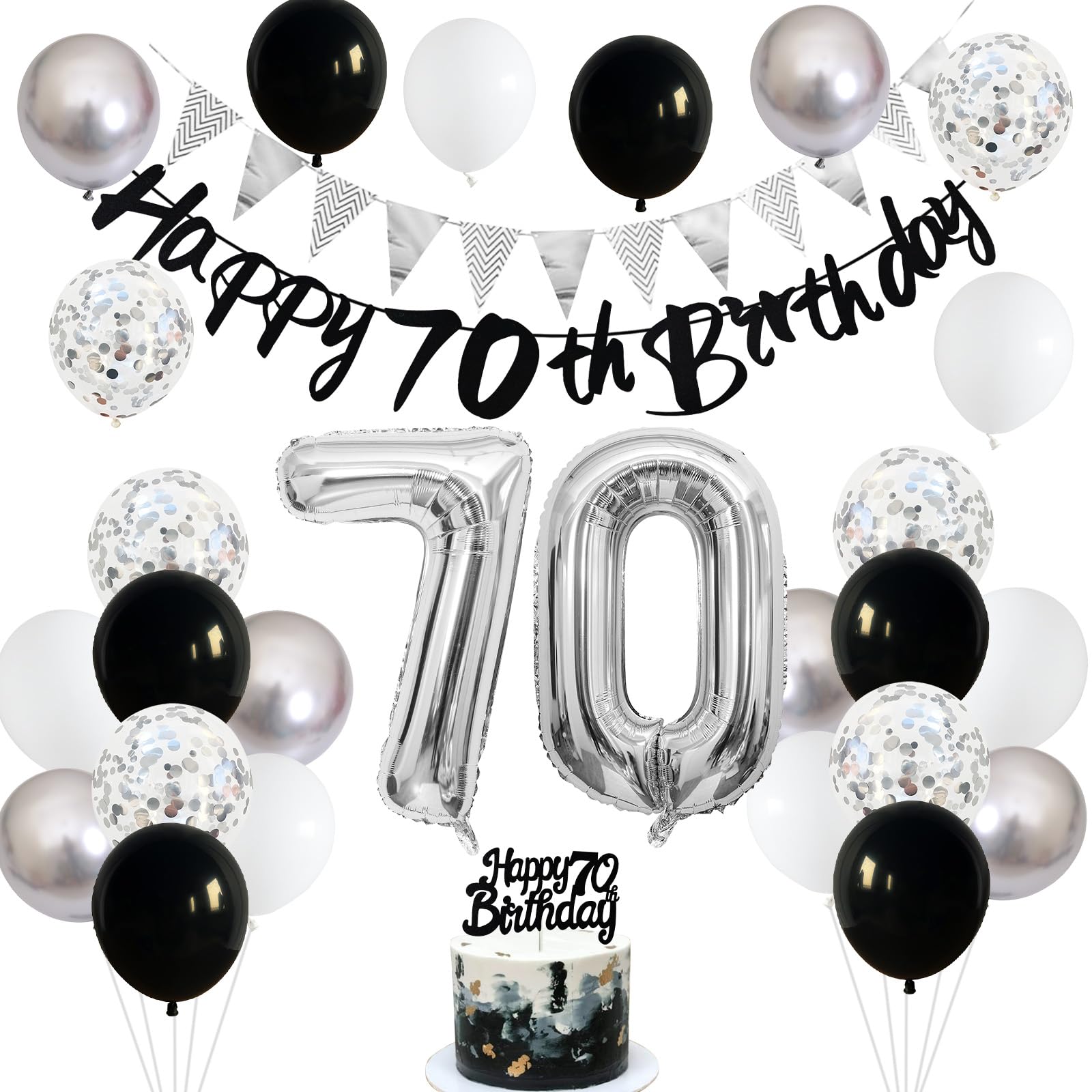 70Th Birthday Decorations For Men Women, Black Silver White Birthday Balloons, Black Happy 70Th Birthday Banner Birthday Cake To