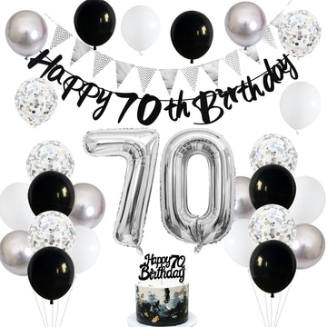 70Th Birthday Decorations For Men Women, Black Silver White Birthday Balloons, Black Happy 70Th Birthday Banner Birthday Cake To