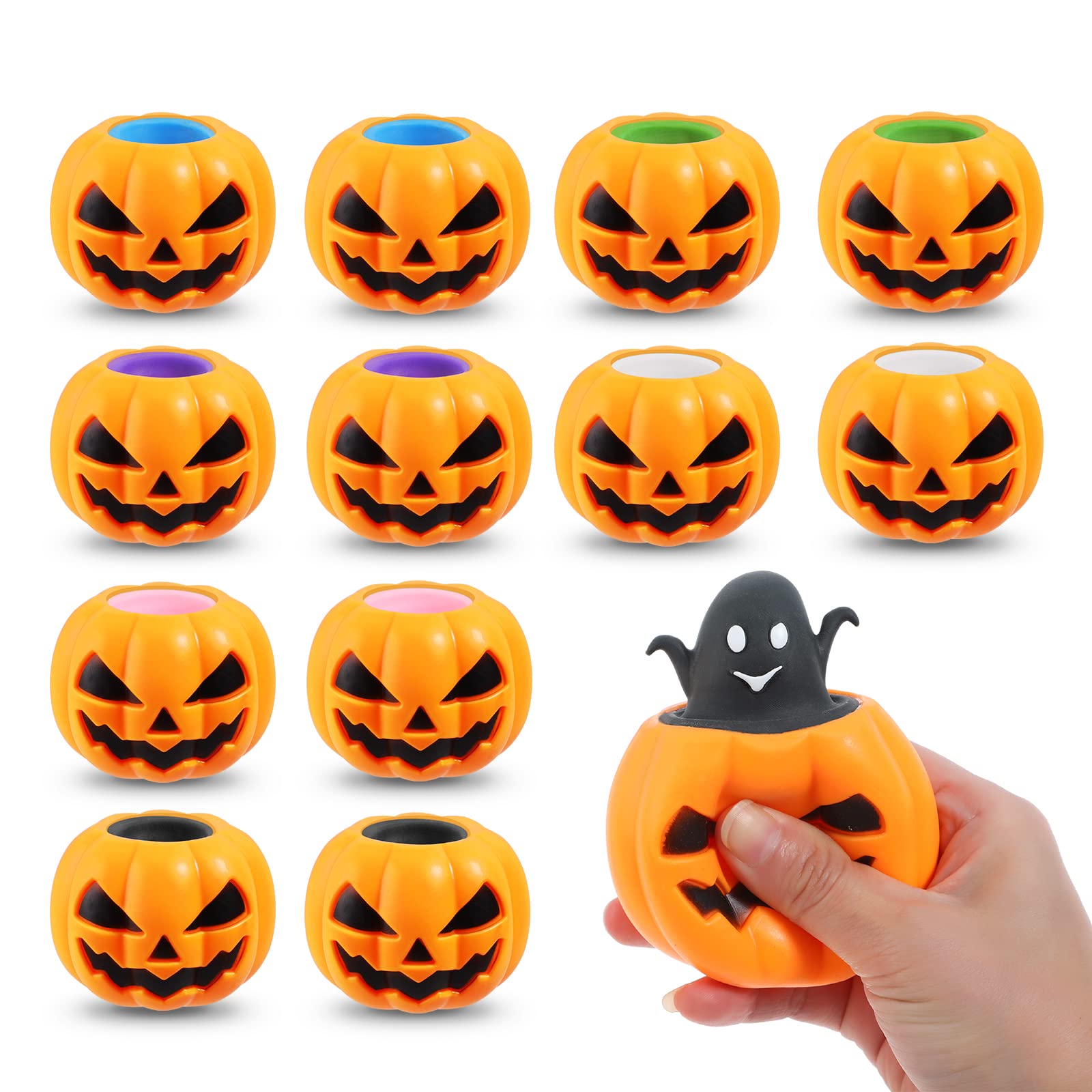 BILLMOSS Halloween Pumpkin Squishy Toys - 12PCS 6 Colors Stress Relief Ghost Toy for Trick or Treat Party Suppliers Party Favors