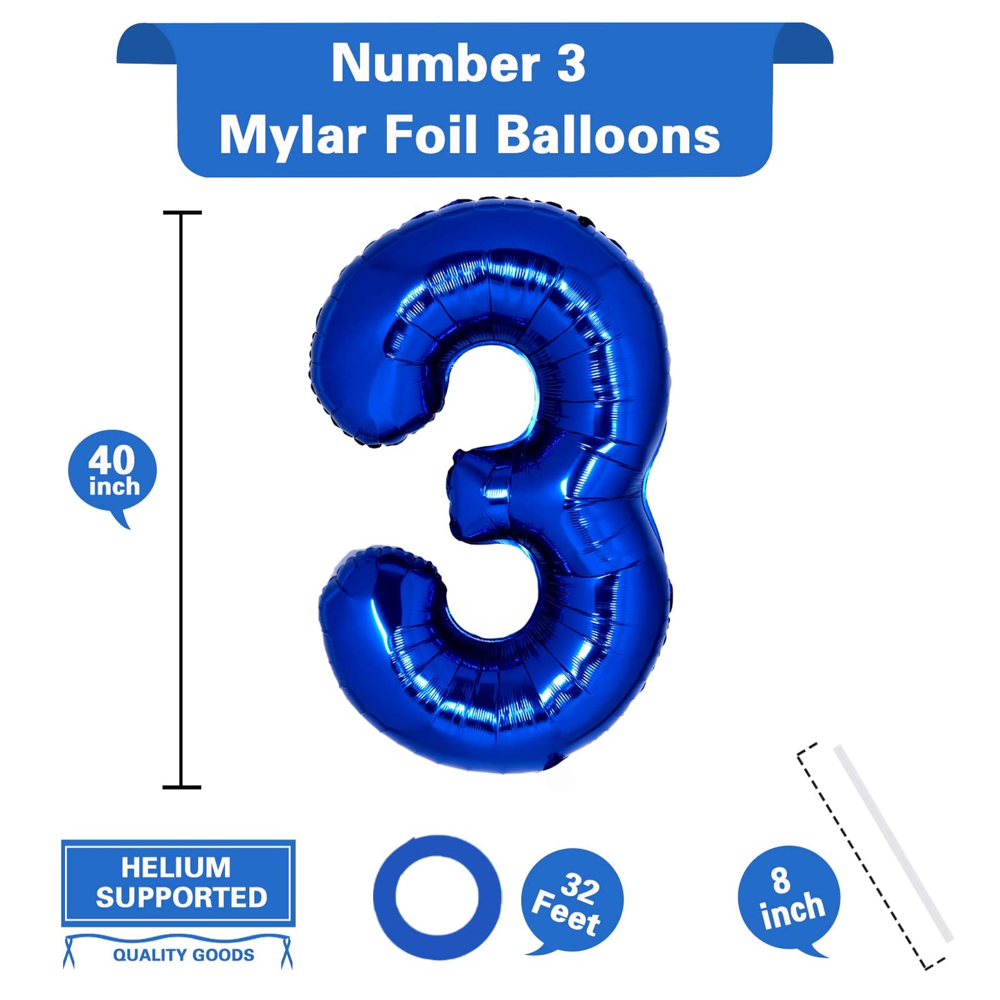 40 Inch Giant Navy Blue Number 3 Balloon, Helium Mylar Foil Number Balloons For Birthday Party, 3Rd Birthday Decorations For Kid