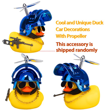 Wonuu Rubber Yellow Duck Car Ornaments Cool Duck Car Dashboard Decorations With Propeller Helmet Sunglasses (Brilliant Blue-Yellow G)