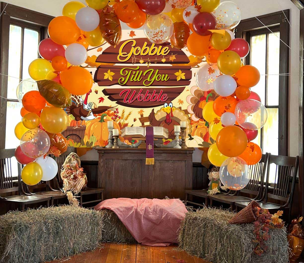 Gobble Till You Wobble Banner Backdrop 8x6FT Fall Maple Leaves Pumpkin Turkey Friendsgiving Photography Background Funny Rustic
