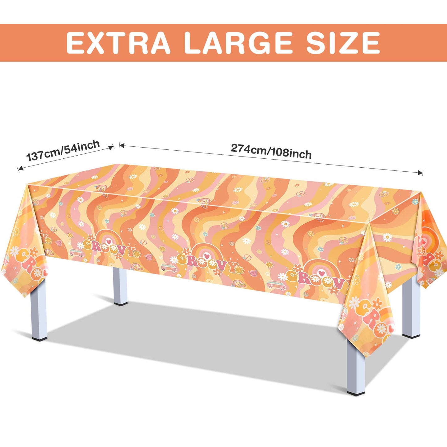 Tiamon 3 Pieces Rainbow Plastic Groovy Tablecloths Retro Hippie Table Covers for Rectangle Table, Disposable Daisy Flower Rainbo