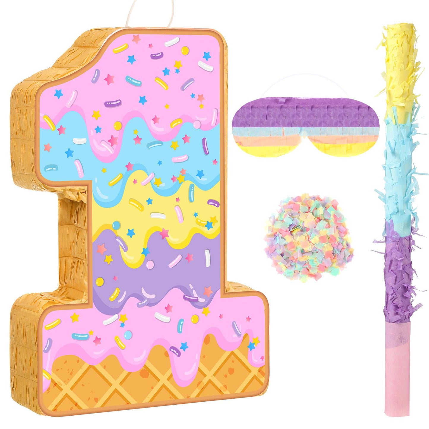 Aoriher Summer Birthday Piata Ice Cream Game Set Summer Number Piata with Bat Stick Blindfold Mask Confetti for Sundae Theme Bir