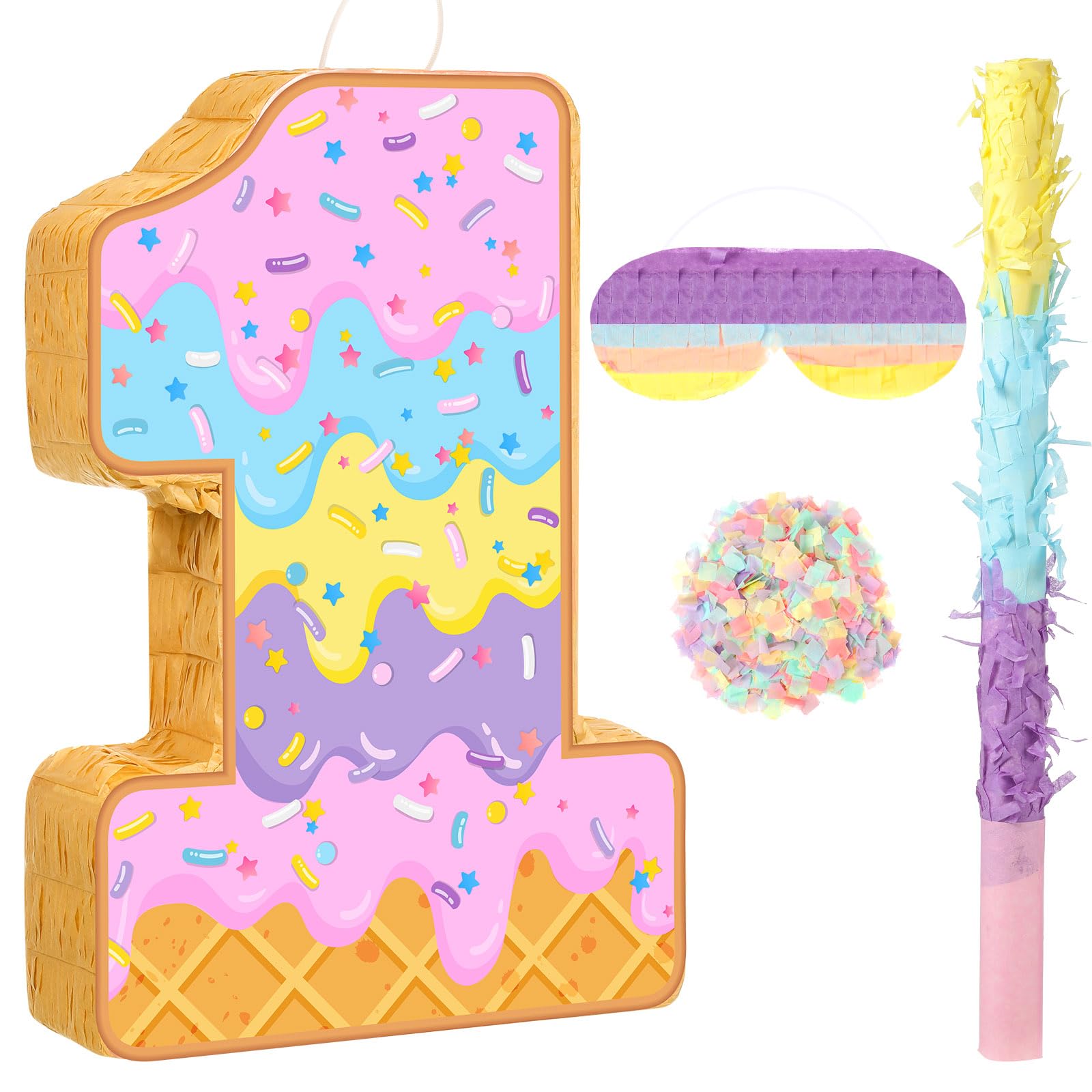 Aoriher Summer Birthday Piata Ice Cream Game Set Summer Number Piata with Bat Stick Blindfold Mask Confetti for Sundae Theme Bir