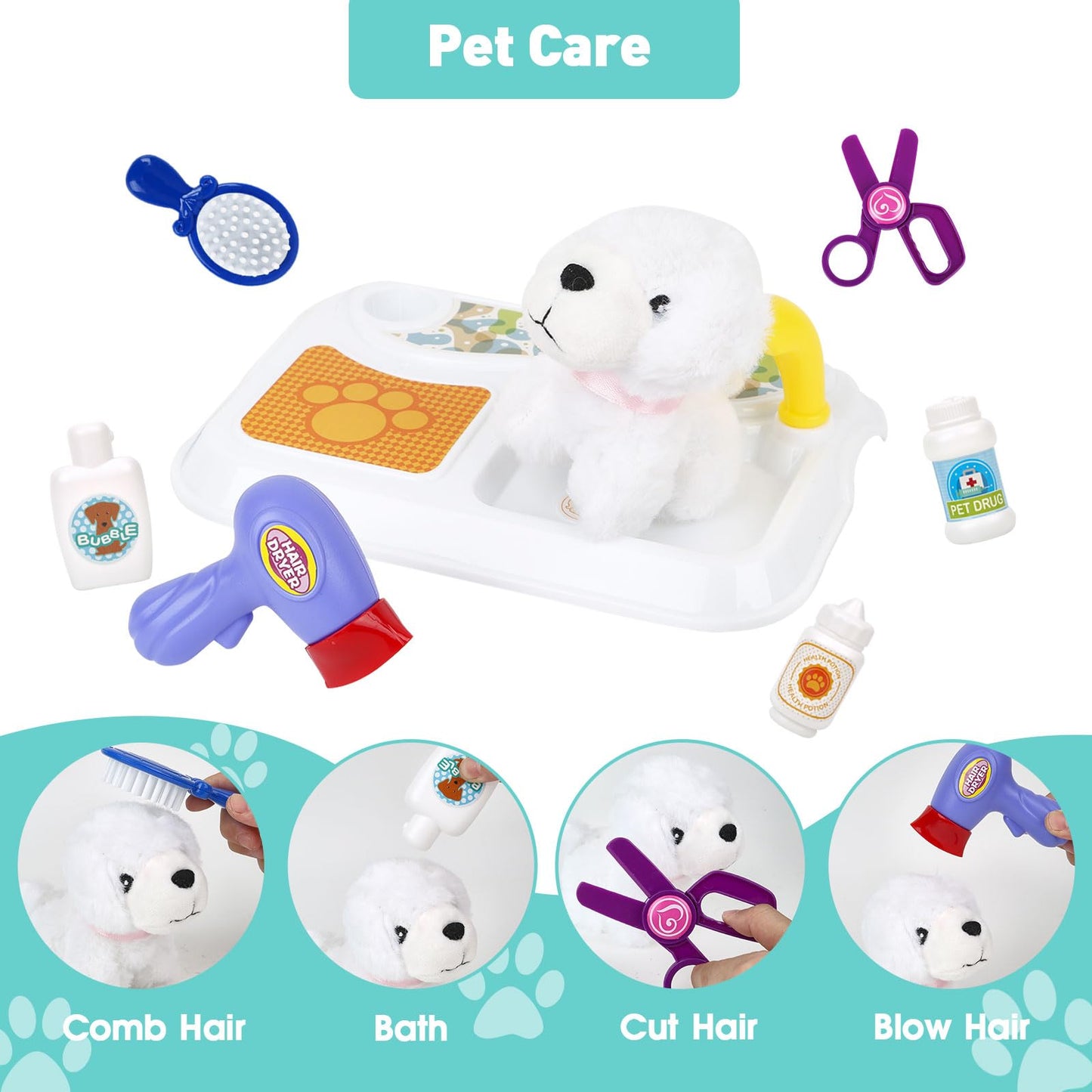 Pet Care Play Set for Kids, 16Pcs Doctor Kit Pretend Play Vet Dog Grooming & Feeding Toys with Backpack, Educational Toys for Gi