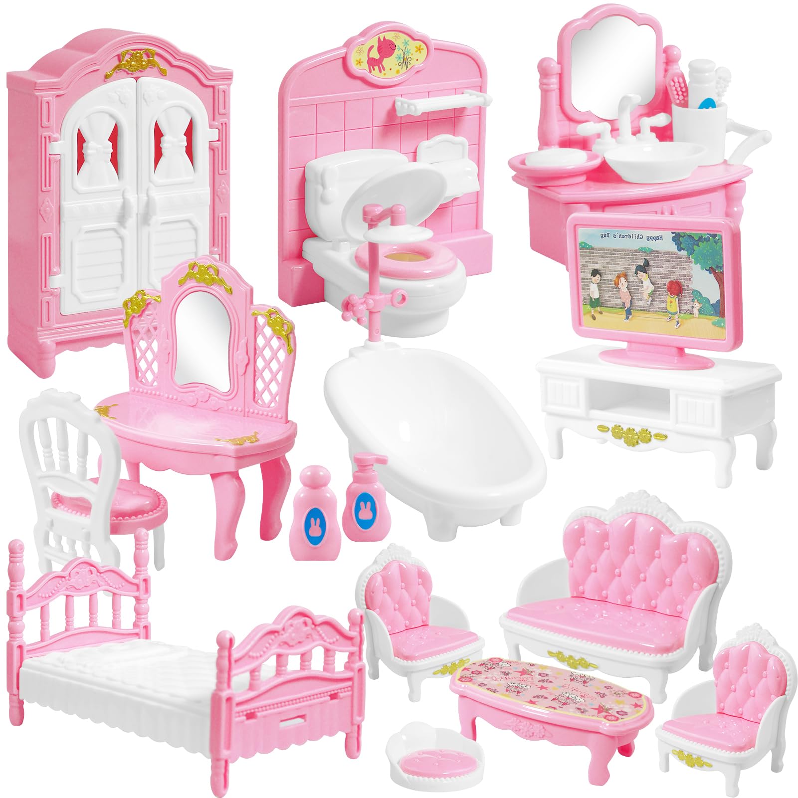 20 Pieces Doll House Furniture and Accessories Set Dollhouse Furniture Set Mini Dollhouse Furniture 1 12 Scale Bedroom Living Room Bathroom Furniture Accessories-New