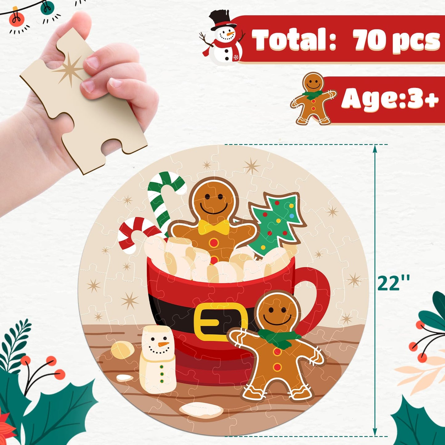 Ciyvolyeen Christmas Floor Puzzles For Kids Ages 3 4 5 6 7 8 Jigsaw Puzzles Penguin And Gingerbread Man Double Sided Large Round Puzzle Gifts Presents For Kids Children Toddler 22' 70 Pieces