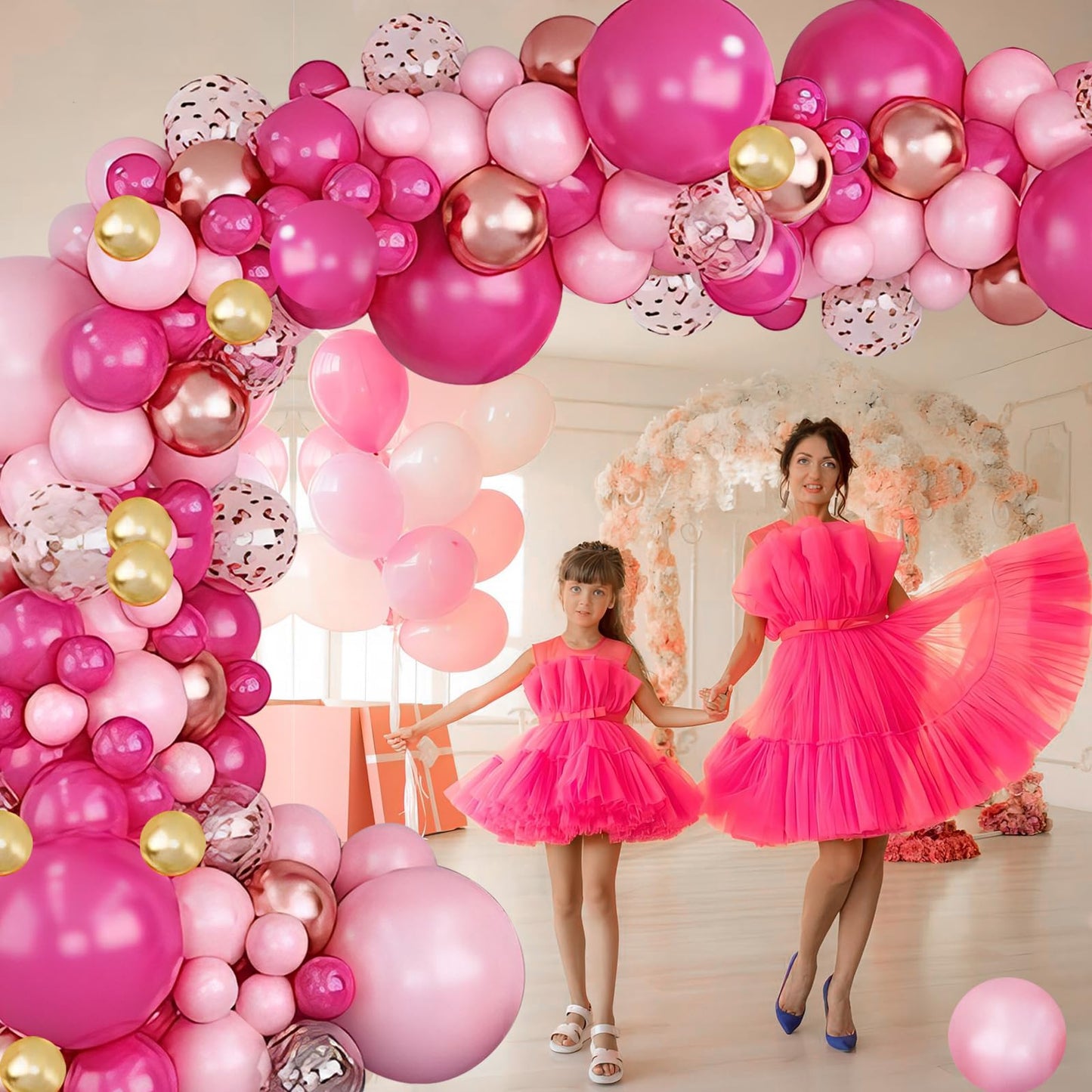 Infloral 149Pcs Valentine'S Day Balloon Arch Kit Hot Pink Pastel Pink Chrome And Confetti Balloon Garland Kit For Birthday Mother'S Day Wedding Bridal Baby Shower Princess Theme Party Decorations