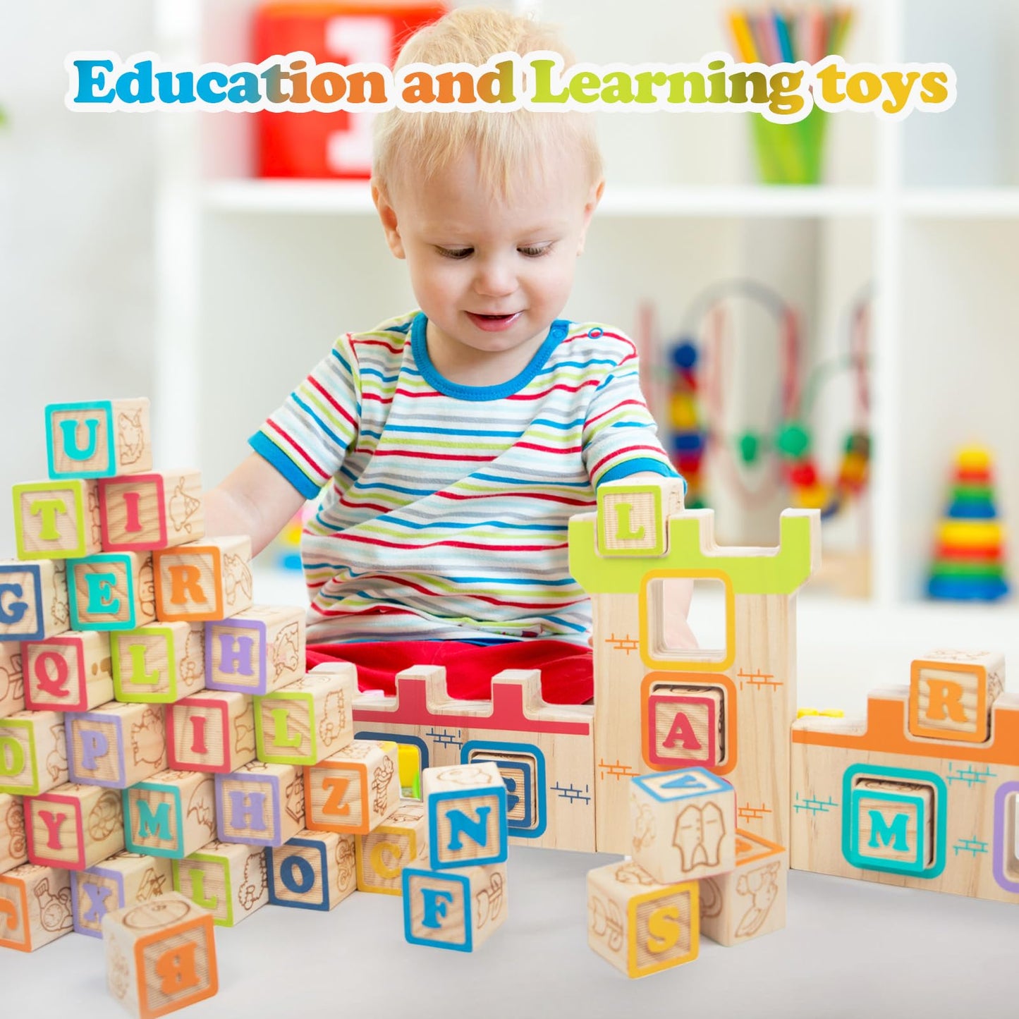 Wooden Building Blocks For Toddlers 2-3, Abc/Animals Castles Montessori Toys, Preschool Learning Toys Stacking Block For Prescho