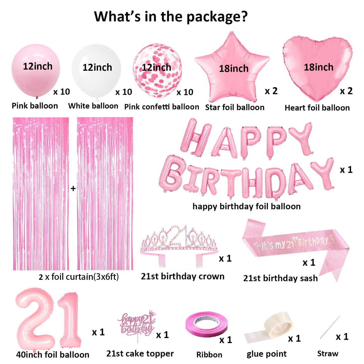 21St Birthday Decorations Pink, Happy Birthday Balloon, Foil Curtains, Table Runner, Cake Topper, Birthday Sash And Princess Cro