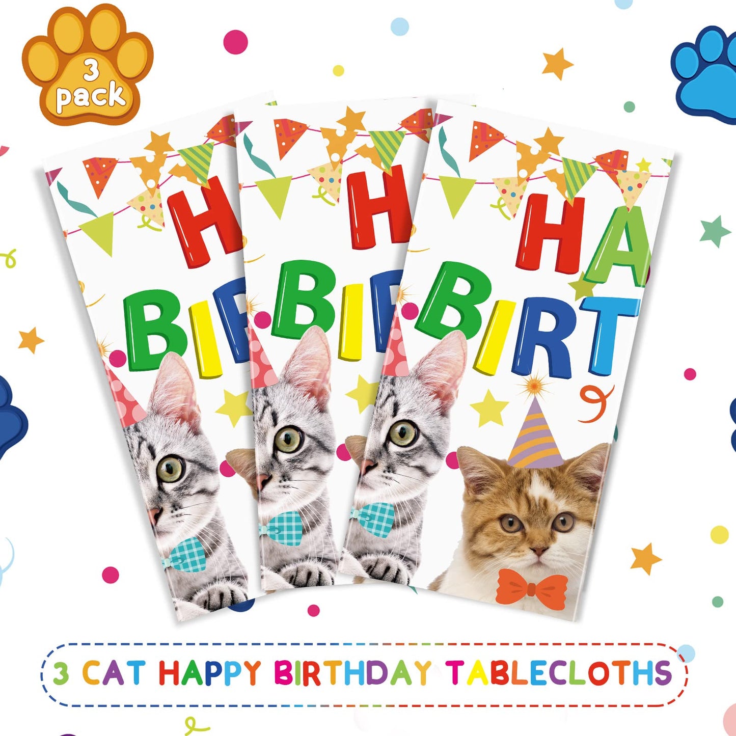 3 Pack Cute Cat Theme Plastic Tablecloth 54 x 108 Inch Kitten Cat Paw Print Disposable Table Cover for Kids Baby Shower Birthday