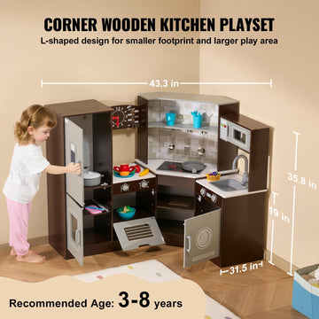 VEVOR Corner Wooden Play Kitchen, Toy Set with Lights and Sounds, Toddler Kitchen with Ice Maker, Oven, Sink, Clock, Microwaves,