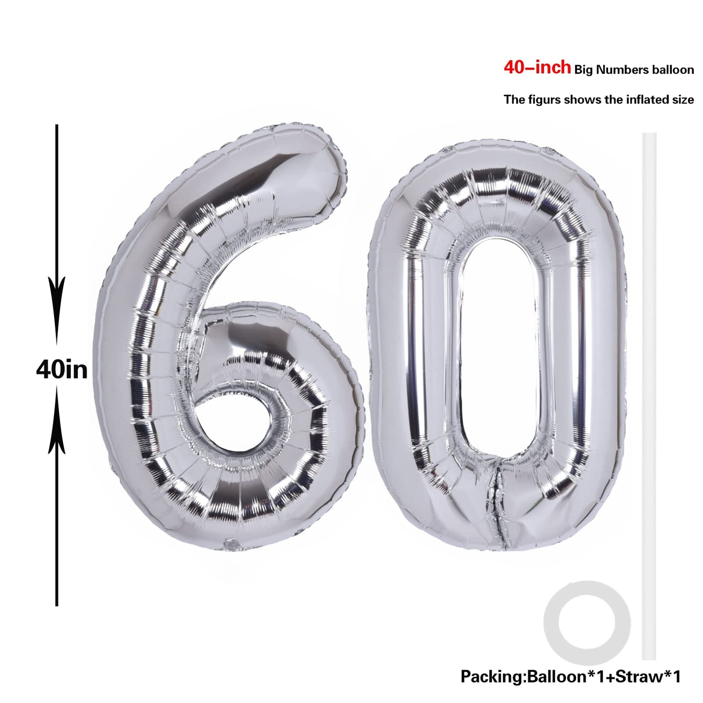 40 Inch Number 60 Balloon Silver Jumbo Giant Big Large Number 60 Foil Mylar Silver Balloons 60Th Birthday Party Anniversary Deco