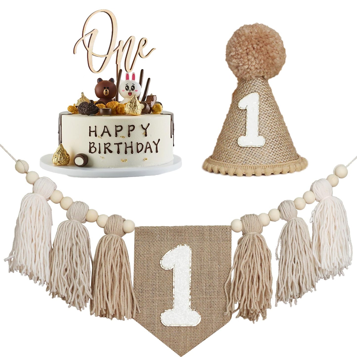 1St Birthday Decorations Boys High Chair Banner With One Cake Topper Brown Conical Hat For First Party