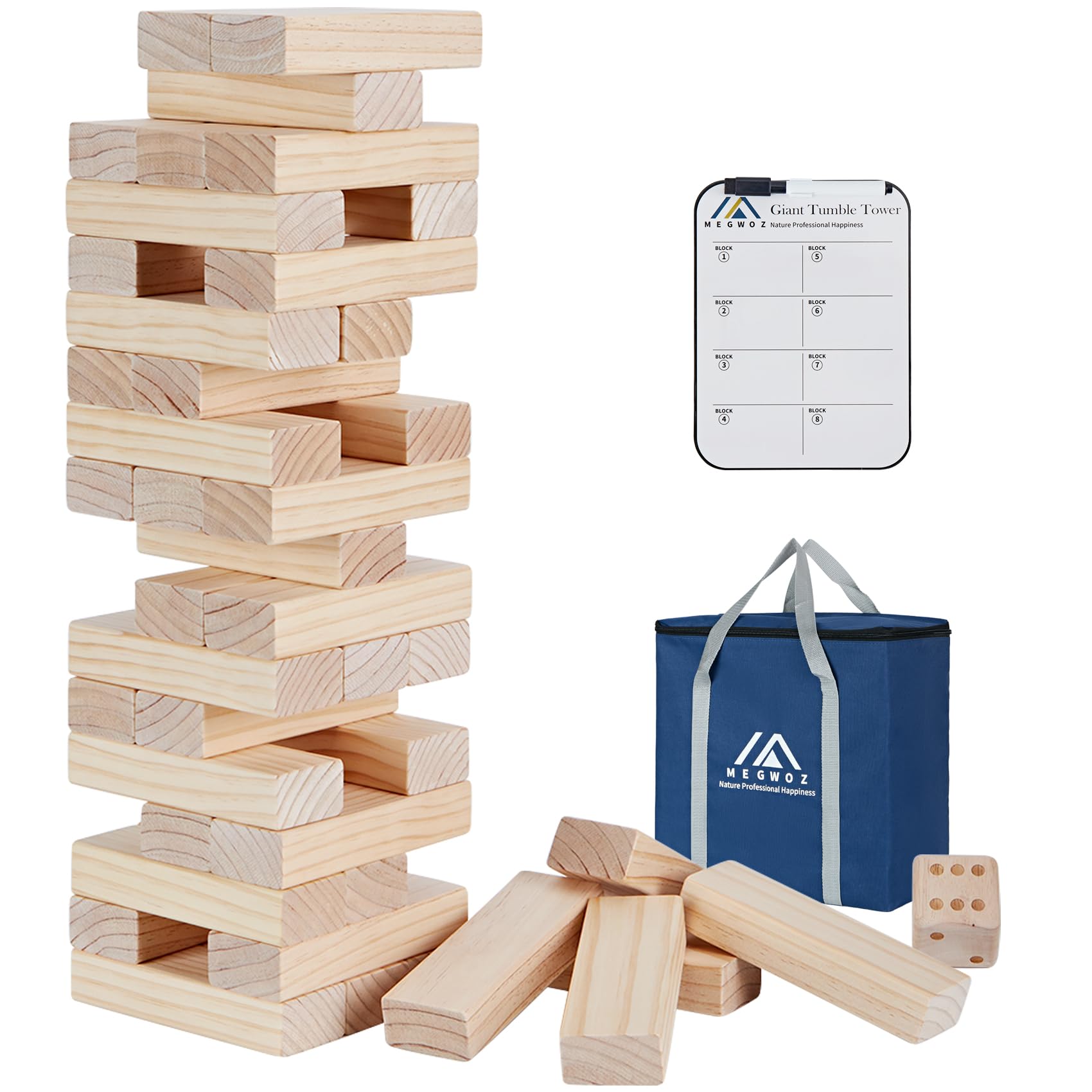 Megwoz Giant Tumble Tower Game - 60 Blocks New Zealand Pine Wooden Stacking Blocks for Kids & mature-themeds  Over 5FT Tall Indoor/Outdoor Family Games  Birthday Party Games Unique Gifts for for All Ages