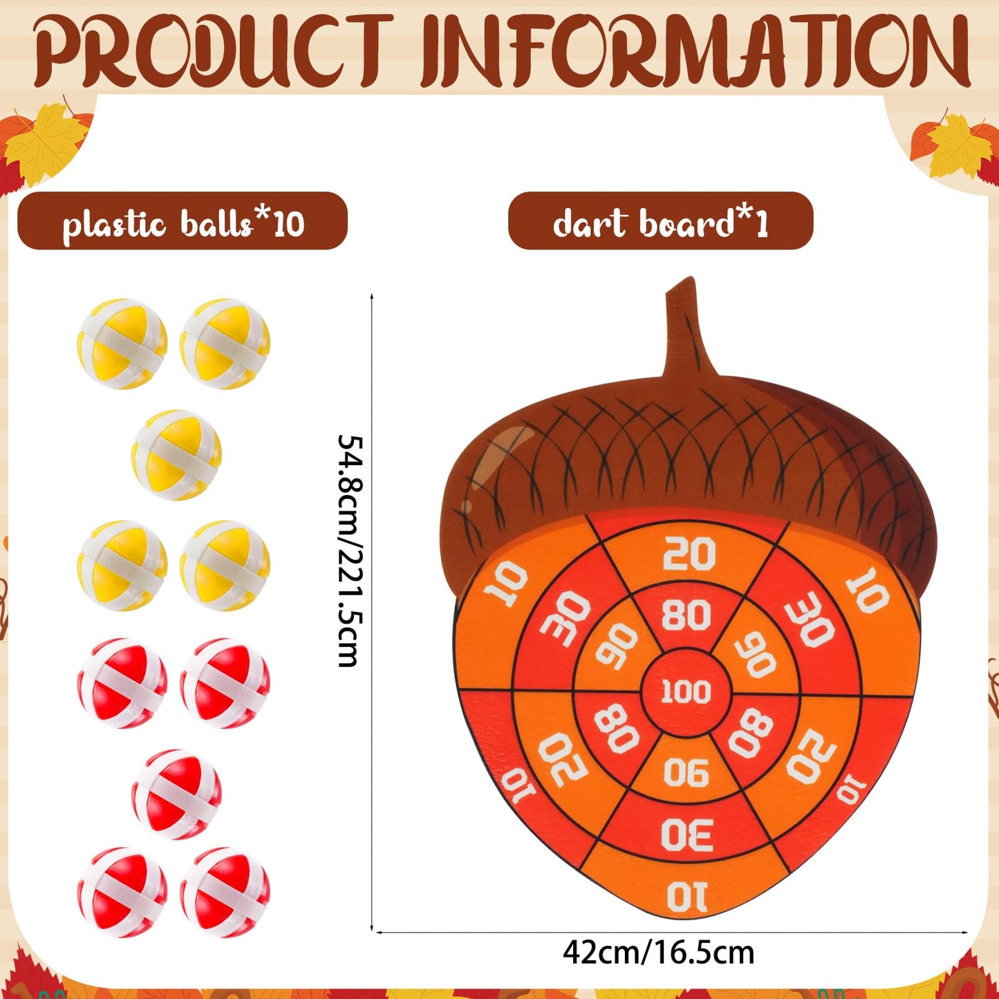 TEASIK Thanksgiving Acorn Dart Board - Fall Crafts for Kids Halloween & Thanksgiving Decorations with 10 Balls Autumn Party Wall Decor for Family Game Night (21.3x16.5 Inch)