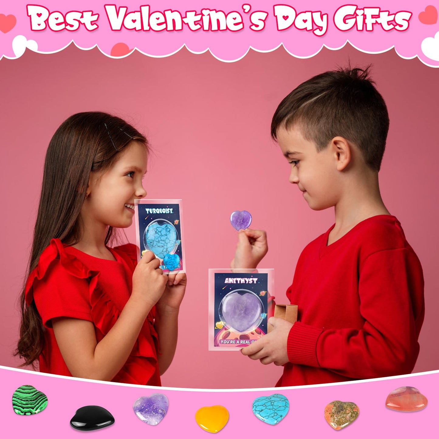 Arfun Valentines Day Gifts for Kids Classroom, 28 Pack Valentines Cards Goodie Bags with Heart Stones, Valentine Exchange Party