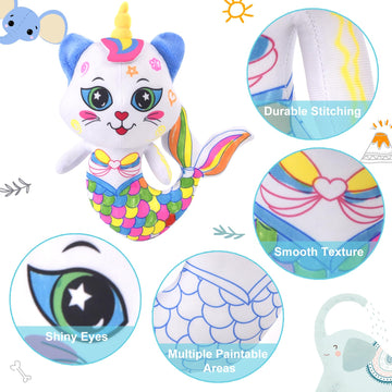 Drawmytoy Coloring Plush Toy With 12 Washable Markers For Little Girls Doodle Dolls Arts And Crafts Soft Diy Washable Doodle Stuffed Animal Toy For Kids Ages 4-6 Birthday (Fish Cat)