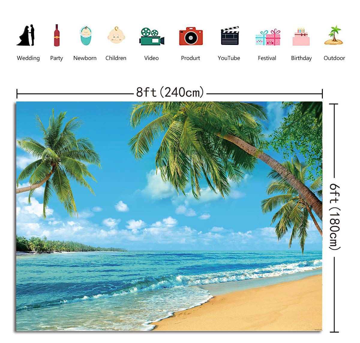 Ruini Polyester Tropical Beach Backdrop Summer Palm Trees Photography Backdrop Blue Sea Sky Sunshine Luau Themed Party Decoratio