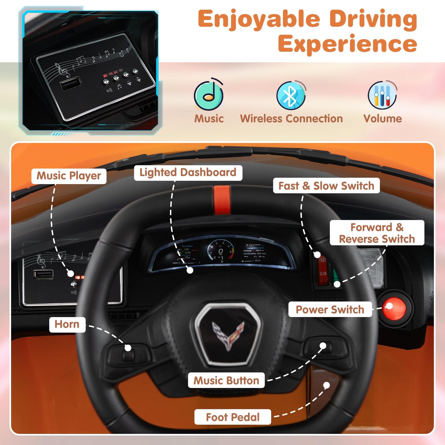 Costzon Ride On Car  Licensed Chevrolet Corvette C8 Kids' Electric Vehicles w/Remote Control  Wireless Connection  Lights/Horn/Music/4-Wheel Spring Suspension  Kids Car for Boys Girls Aged 3+(Orange)
