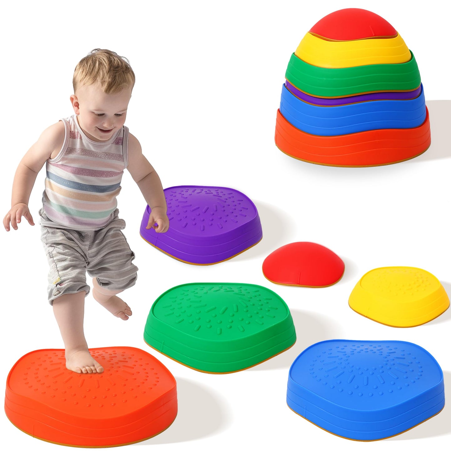 Oranmew Stepping Stones For Kids - Toddler Sensory Balance Stones & Bounce Blocks, 6 Pcs Non-Slip Obstacle Course Set For Indoor
