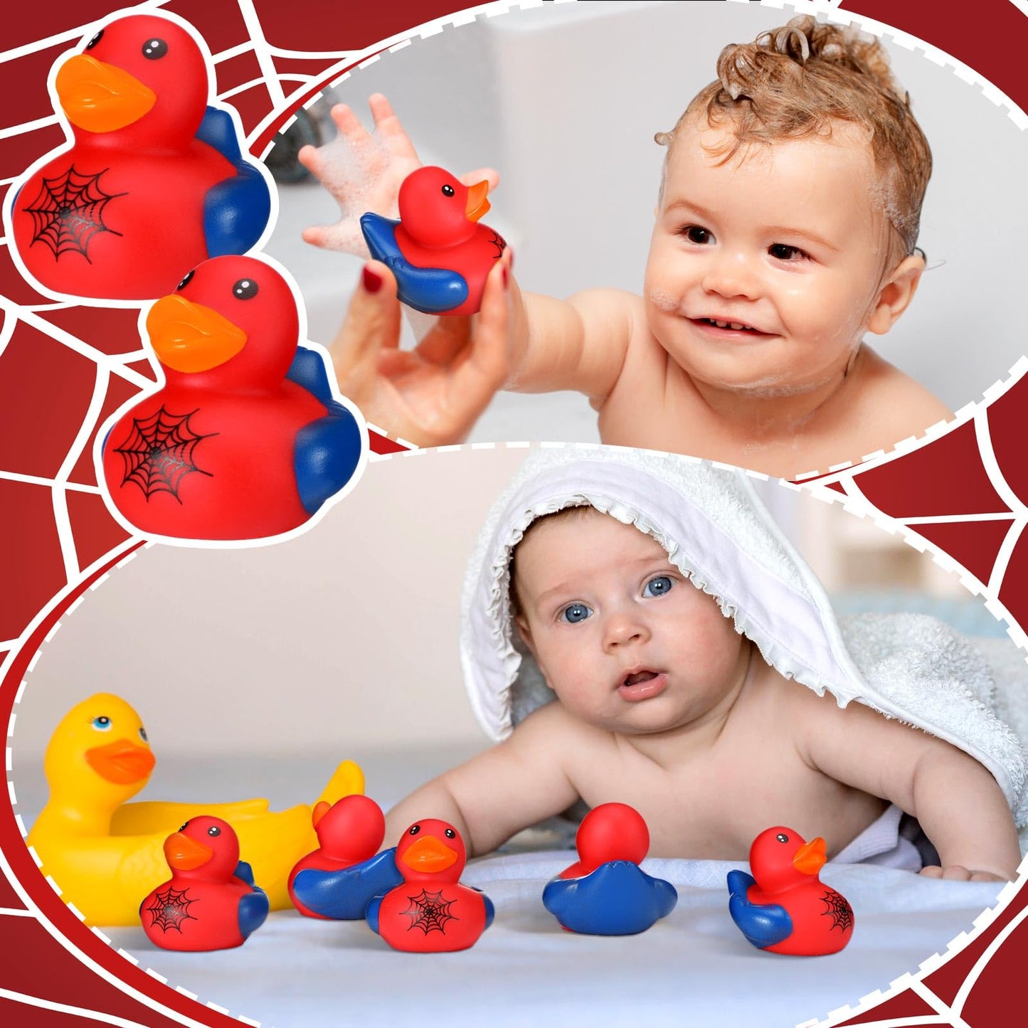 Leyndo 24 Pcs Christmas Spiderweb Rubber Duck Bulk Spiderweb Birthday Party Decoration Favors Squeaky Red Blue Duck for Bathtub Floating Pool Gifts Party Supplies