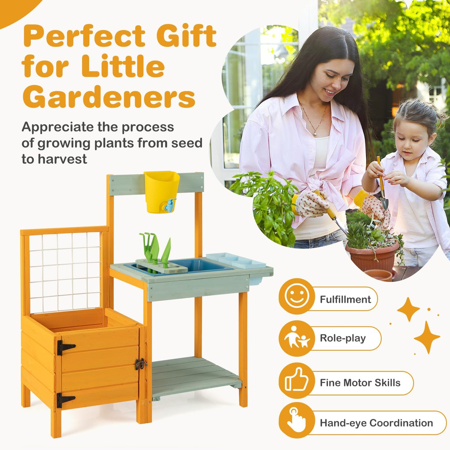 Costzon Mud Kitchen, Kids Potting Bench with Garden Bed & See-Through Window, Trellis, Kids Kitchen Playset w/Sink, Faucet, Stor