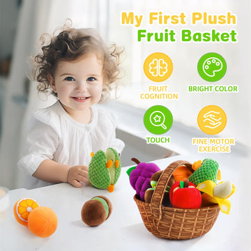 Play Food for Toddler 1-3 Year Old, Fruit Basket Plush Toy Sets, Montessori Pretend Food Kitchen Sensory Toys for Kids 18 Months