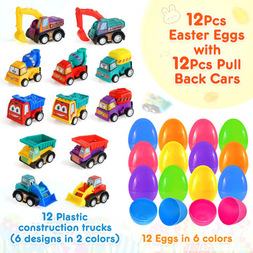 Duchong Prefilled Easter Eggs with Cars Toys for Easter Eggs Hunt,12 Packs 2.8 Plastic Eggs with Pull-Back Construction Vehicles