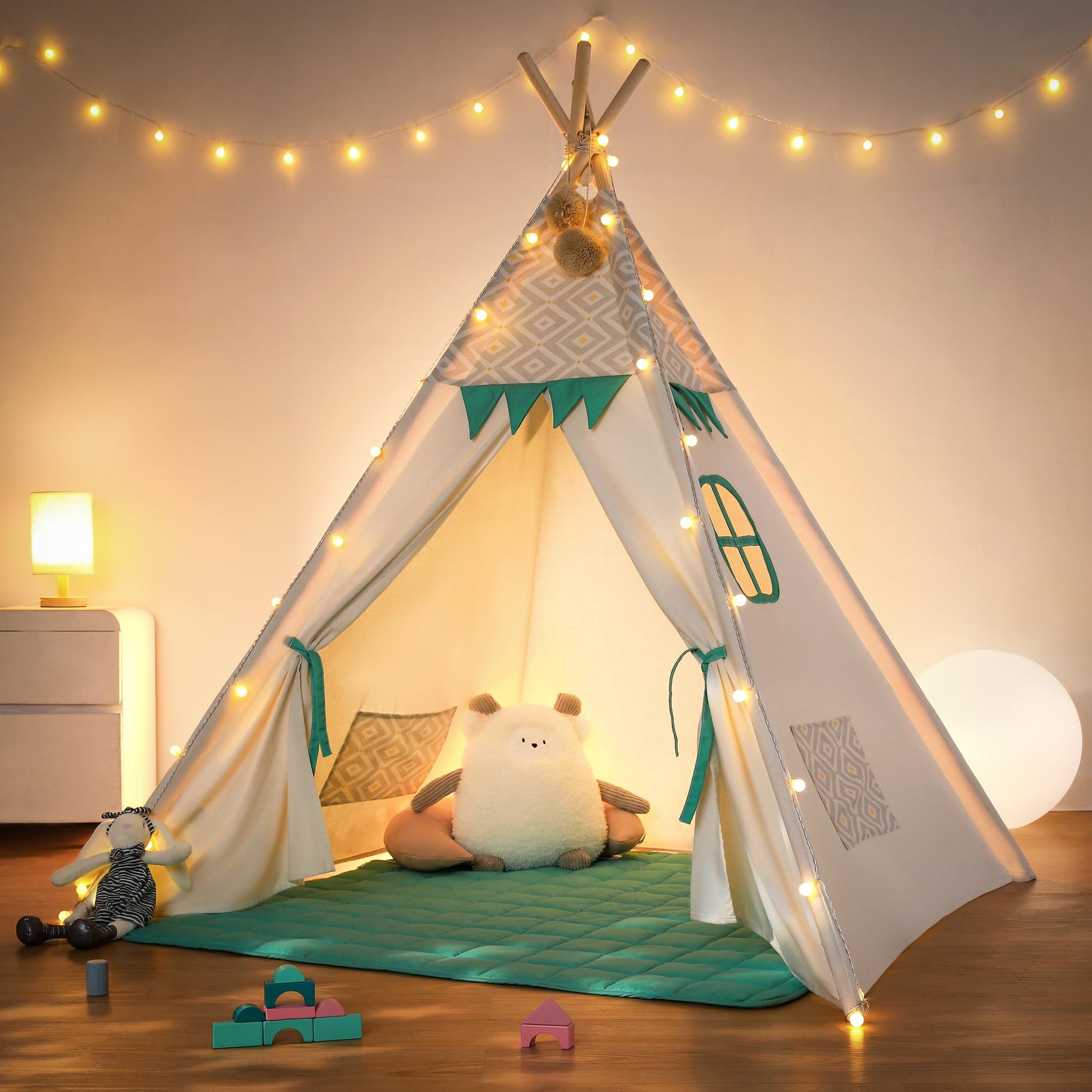 Besrey Teepee Tent For Kids With Padded Mat & Light, Kids Tents Indoor Playhouse, Large Kids Tipi Tent, Christmas Play Tent For Toddler Boys Girls, Foldable Portable Toddler Reading Tent