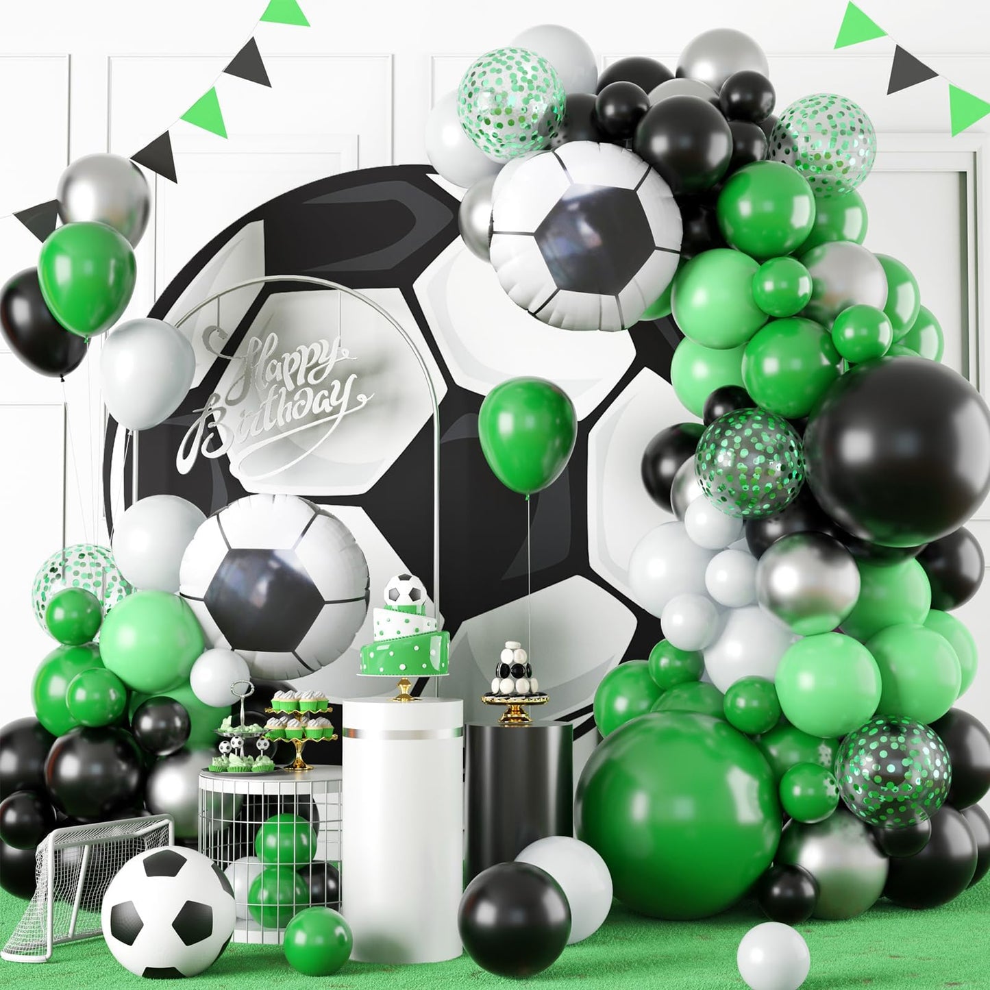 Gresatek Soccer Party Balloon Garland Arch Kit, Green Black White Metallic Sliver Balloons Decorations With Soccer Foil Balloon